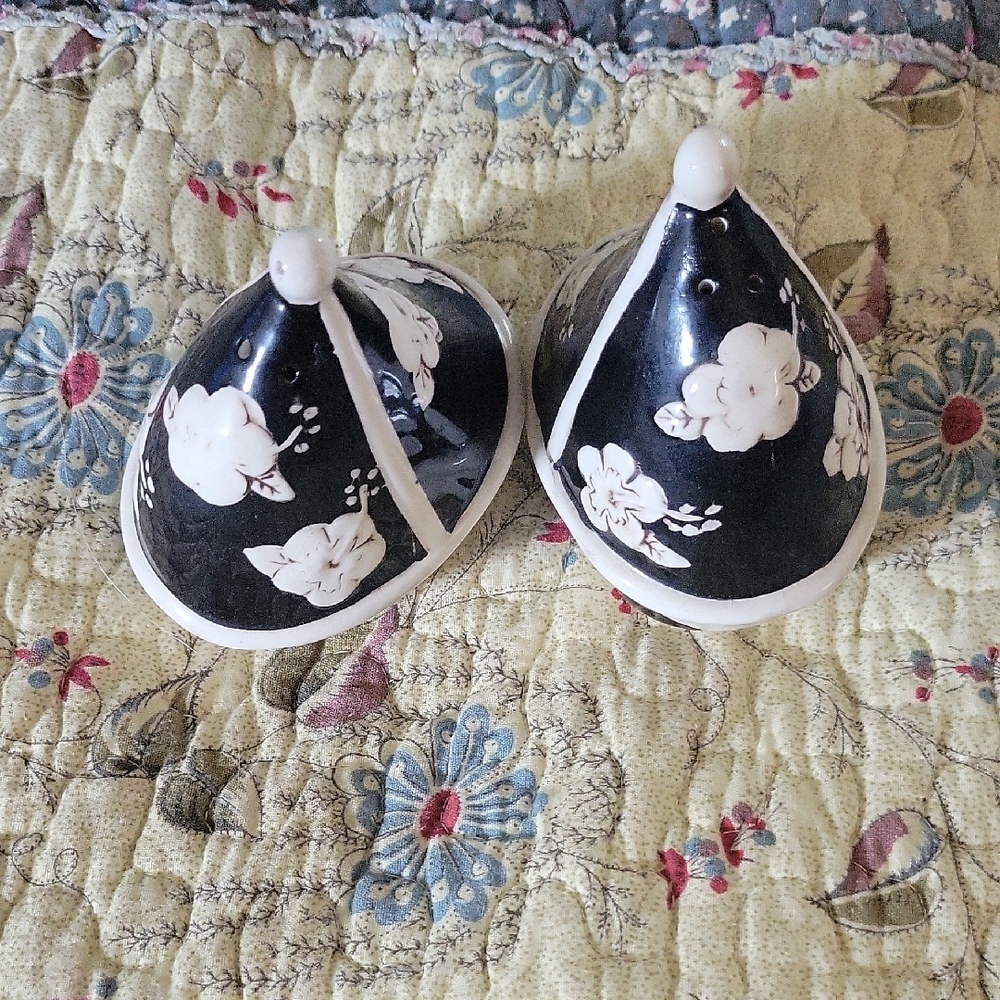 Floral Black and White Sailboats Ceramic Salt and Pepper Shakers